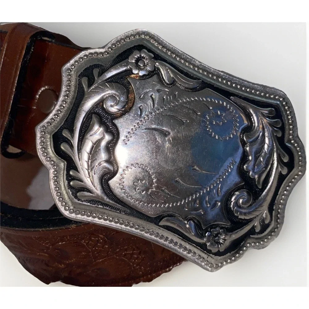 Tony Lama Brown Tooled Leather Western Belt Silver Ornate Buckle 11554‎ Mens 42